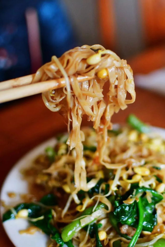 正宗襄城焖面特写,面条筋道油润,搭配黄豆芽与肉丝,色香味俱全的地方特色美食