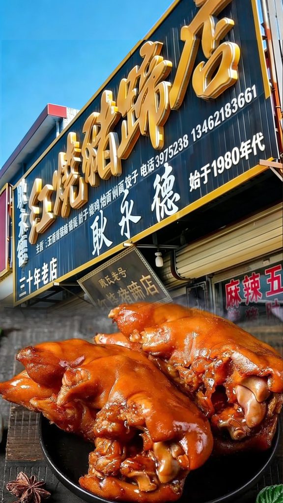 许昌襄城县王洛镇耿永德红烧猪蹄店门口,黑色招牌金字,真空包装礼盒与现卤猪蹄并列展示