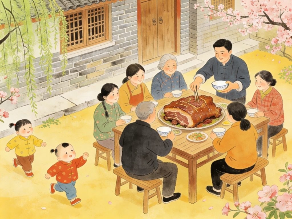 春社日家人围坐共享红烧猪蹄等传统社肉美食，寓意丰收吉祥的家庭聚餐插画