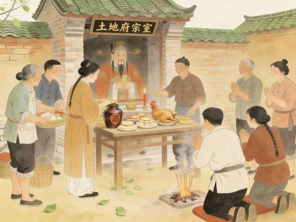 2026 年春社日传统民俗祭祀活动插画，描绘古人祭拜土地神祈求丰收及邻里共吃社肉的场景