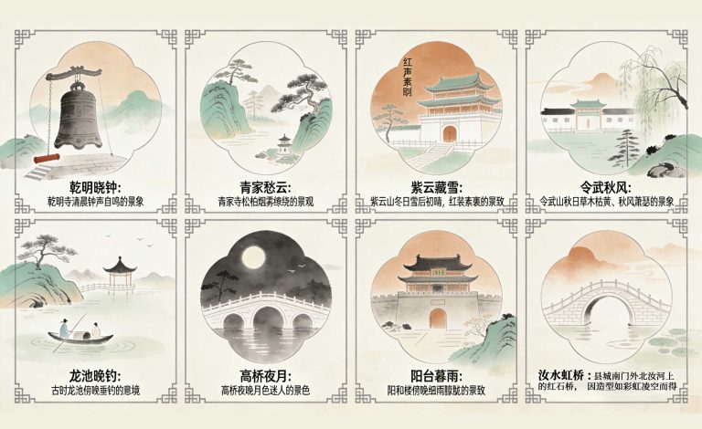 襄城八景介绍信息图，包含汝水虹桥、乾明晓钟等明代八景插画，由耿永德红烧猪蹄店制作，为游客提供襄城文化游览指南。