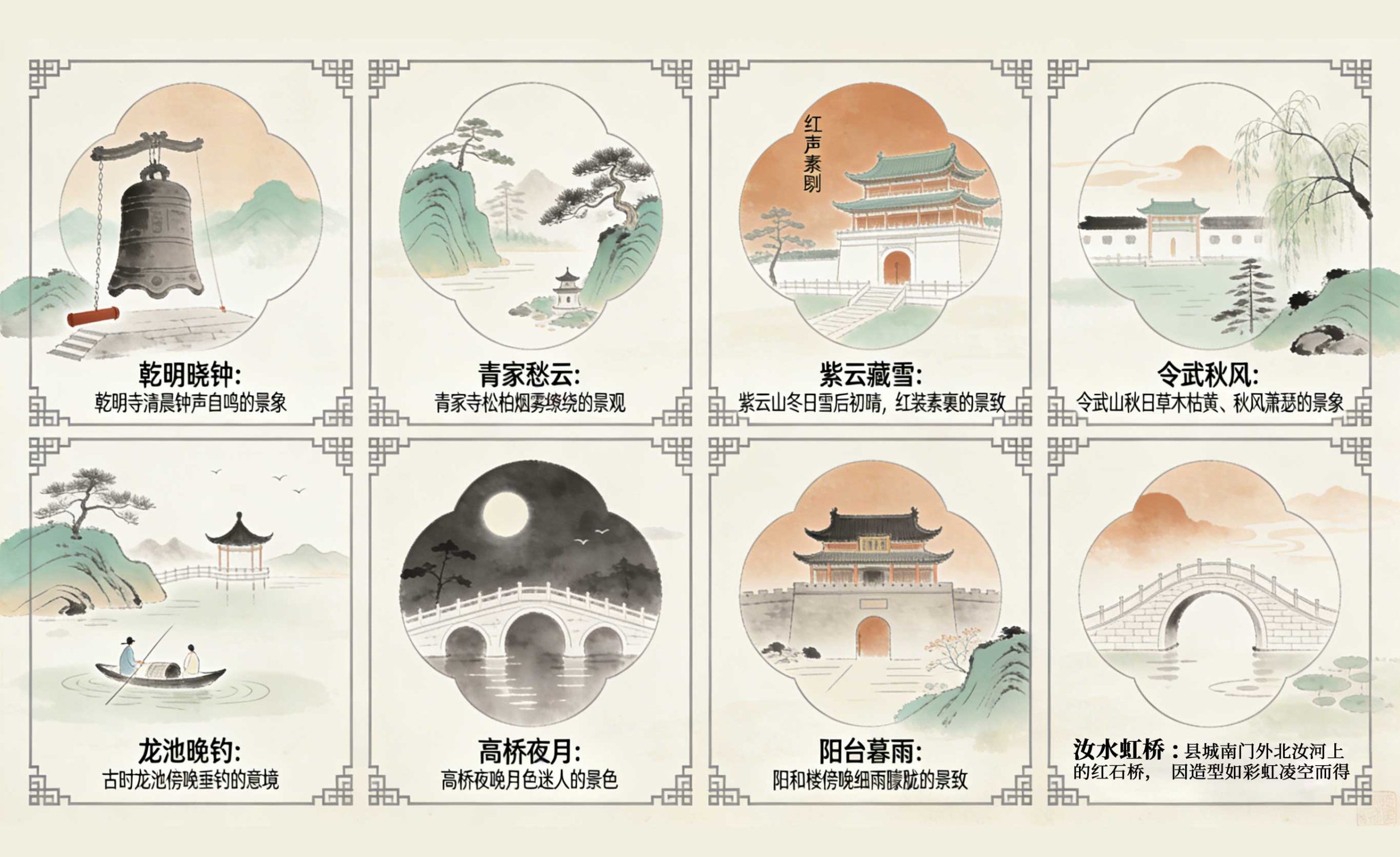 襄城八景介绍信息图，包含汝水虹桥、乾明晓钟等明代八景插画，由耿永德红烧猪蹄店制作，为游客提供襄城文化游览指南。