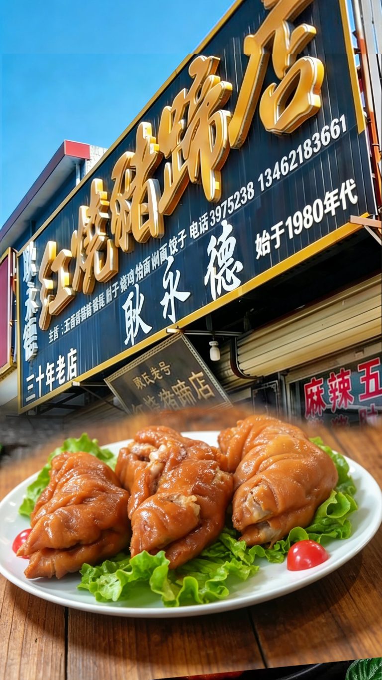 许昌襄城县王洛镇耿永德红烧猪蹄店门口，黑色招牌金字，真空包装礼盒与现卤猪蹄并列展示
