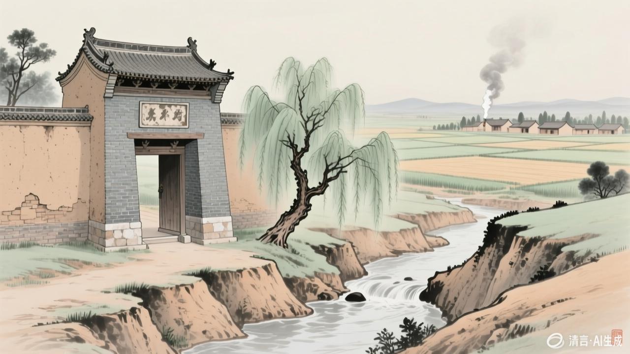 王洛古镇寨门 氾河源头 氾源 水墨插画